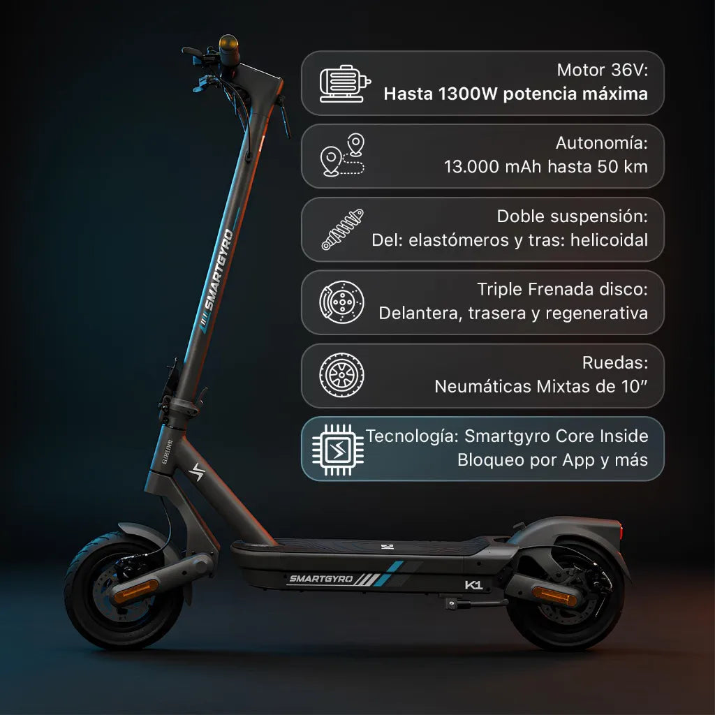 Patinete Eléctrico Smartgyro K1 Homologado DGT | 50 km Autonomía